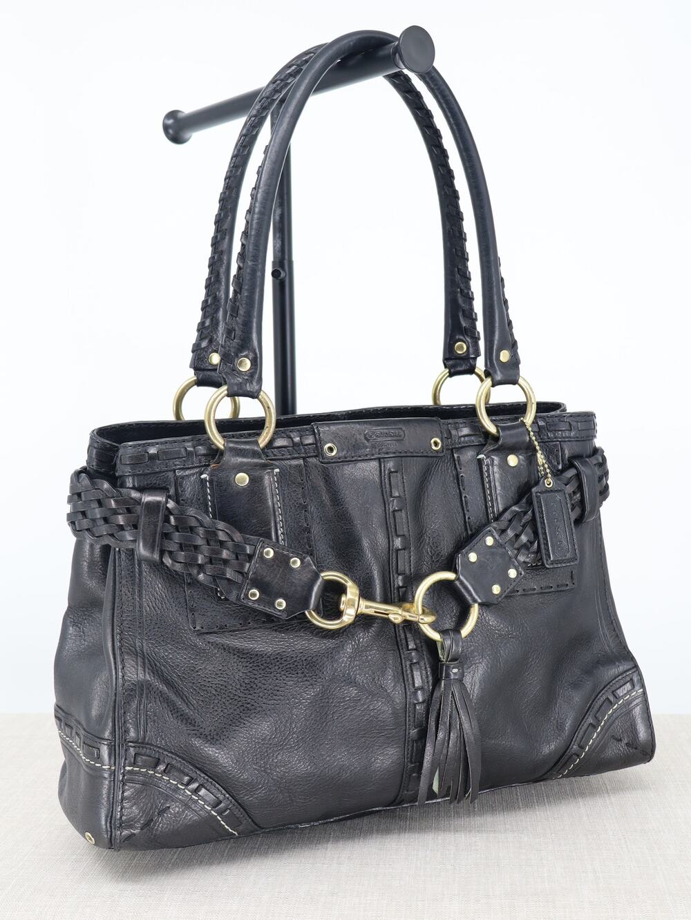 Coach Hamptons 9290 Black Leather Woven Trim Tassel Shoulder Bag